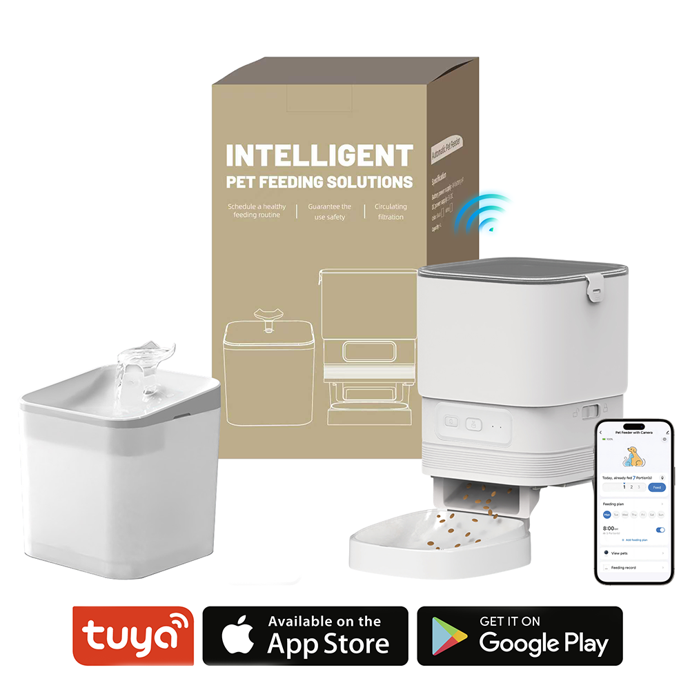 Kit distributeur de croquettes automatique associe une fontaine à eau circulante pour une hydratation